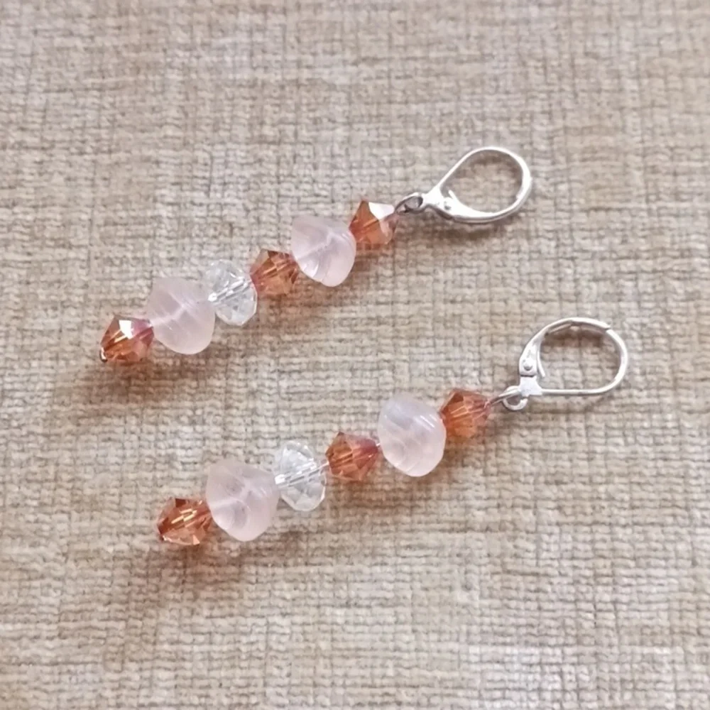 Silver Tone Leverback Pink Brown Glass Beaded Dangle Earrings